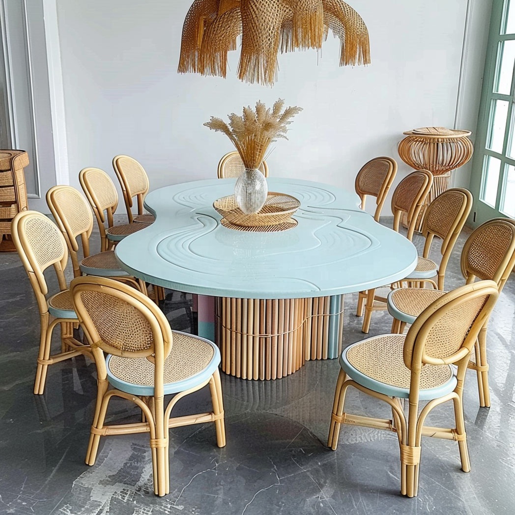 Kids Outdoor Dining Table - io-파스텔 블루 웨이비 라탄 다이닝 테이블