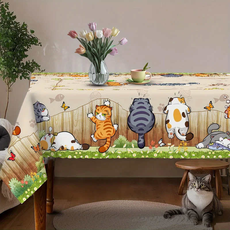 Kids Outdoor Dining Table - VIKAMA 베이지 만화 고양이 식탁보 장난기